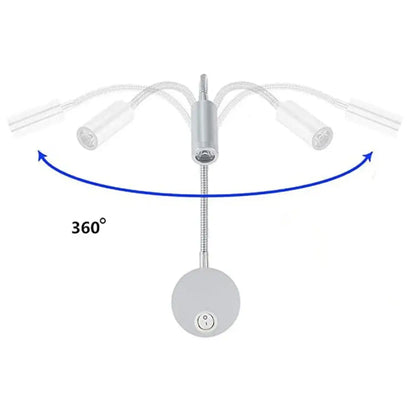 Silver adjustable led bedside wall sconce with three flexible arms and clear cylindrical light heads for bedroom reading