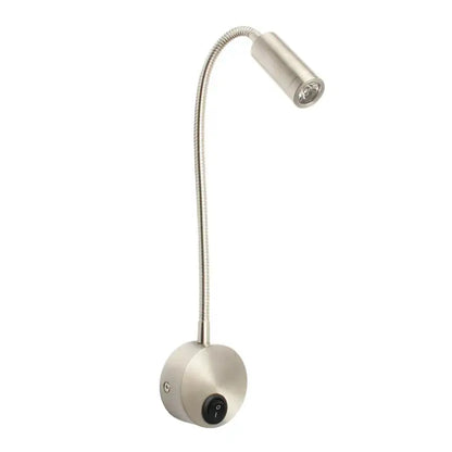 A sleek brushed nickel decorbites led bedside wall sconce with adjustable gooseneck arm and cylindrical head for reading