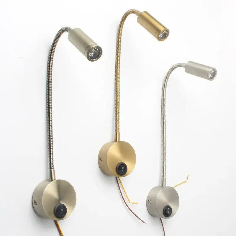 Three adjustable led bedside wall sconces with flexible gooseneck arms in brushed brass and silver finishes for reading