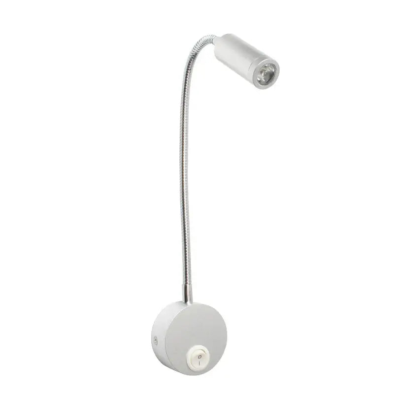 White gooseneck led bedside wall sconce with flexible metallic arm and circular base for decorbites led bedside use