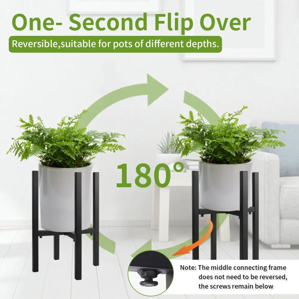 DecorBites adjustable black metal plant stand with 180-degree flip-over design for pots ranging 12-16 inches