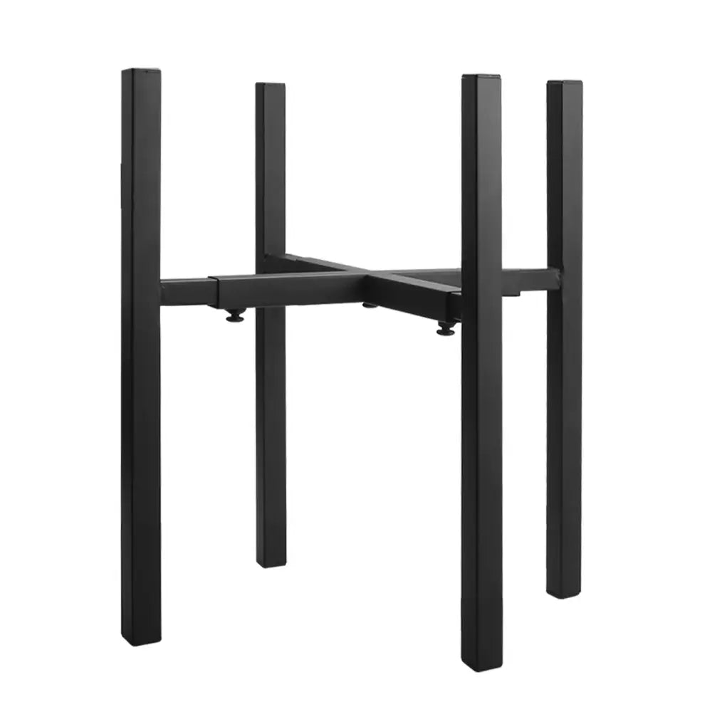 Black metal adjustable plant stand with four vertical legs and cross-braced frame for pots ranging 12-16 inches