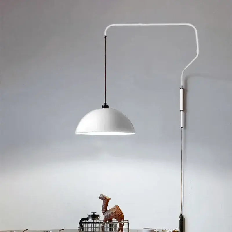 Adjustable nordic pendant wall lamp with white dome-shaped light, sleek curved arm, and black cord for kitchen island use