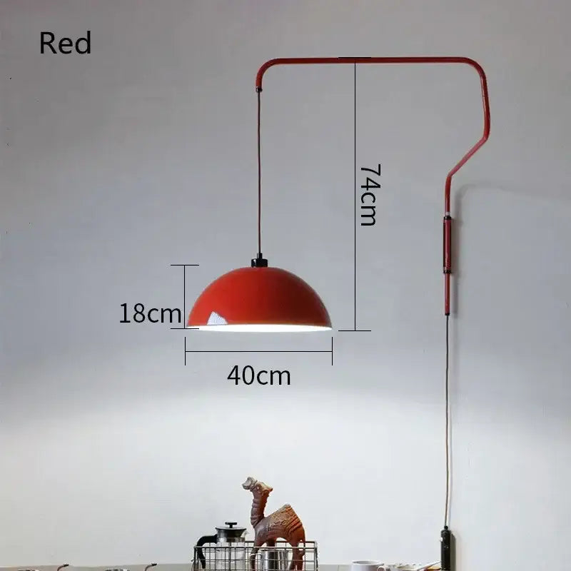 Adjustable nordic pendant wall lamp with red dome light and curved metal arm for kitchen island lighting