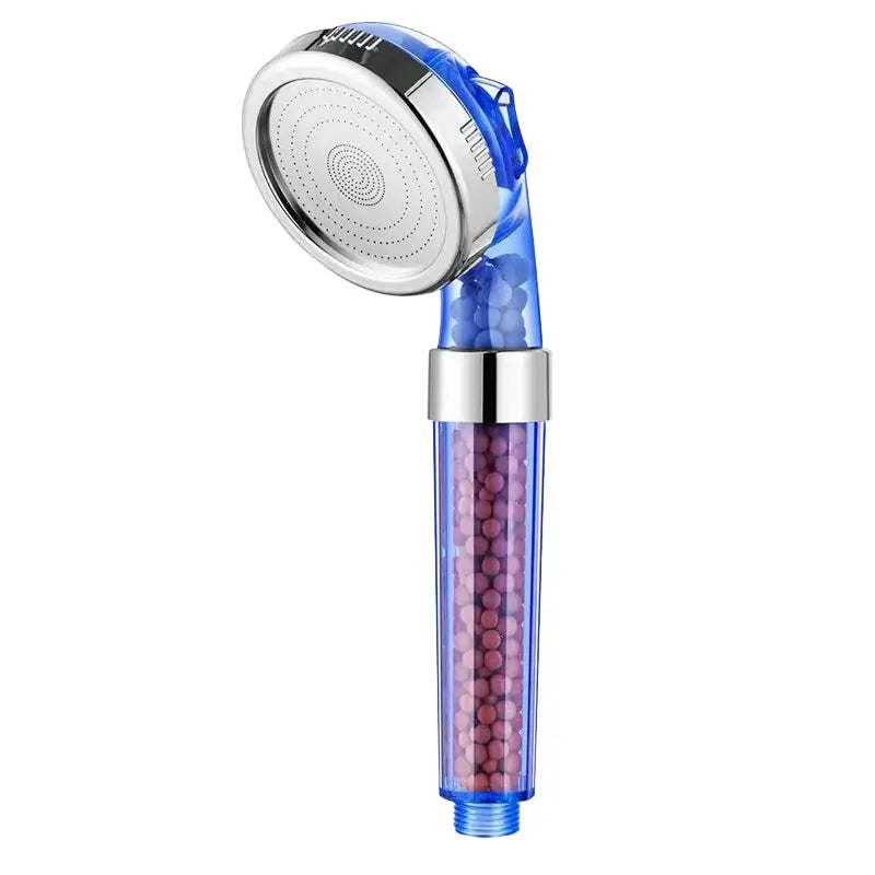 Adjustable shower head with chrome accents and blue transparent body featuring pink filter beads and silver nozzle