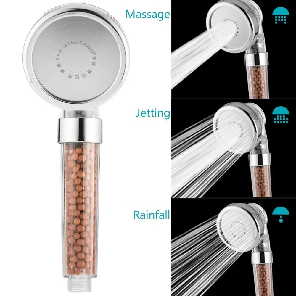 Adjustable shower head with chrome finish and transparent body containing brown filter beads and multiple spray settings
