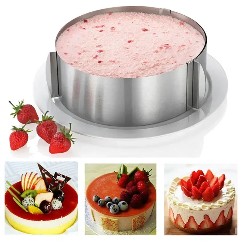 Adjustable stainless steel mousse ring round cake slicer with two handles for baking and serving layered cakes