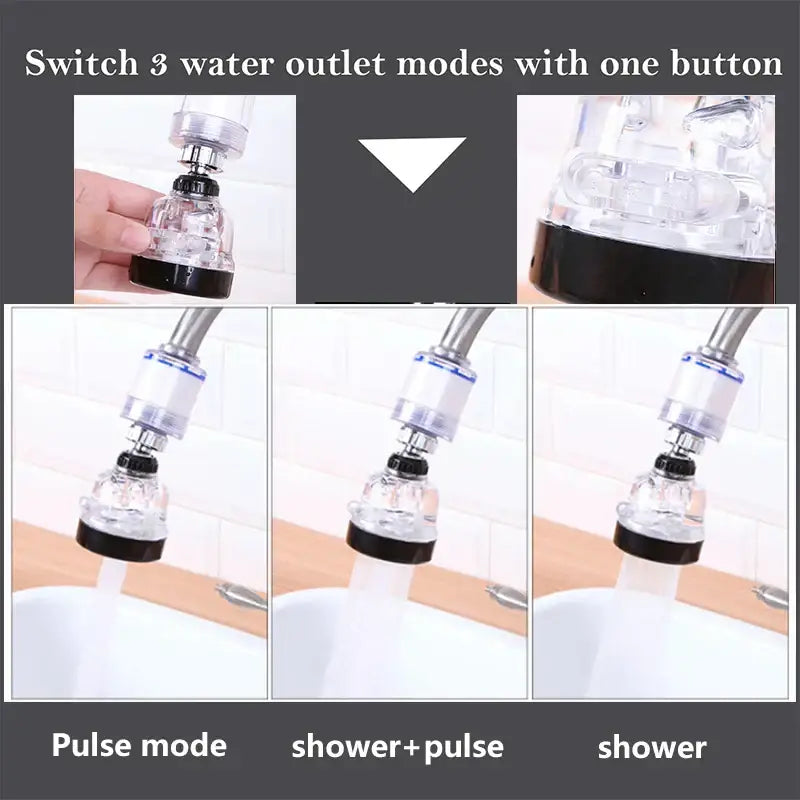 Adjustable white and gray modes faucet aerator with clear plastic and black metal extender and a single button switch