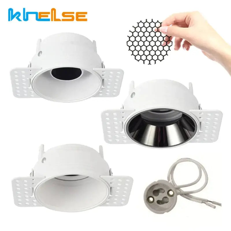 Adjustable white recessed led ceiling downlight with metal reflectors and perforated mounting plates for living room