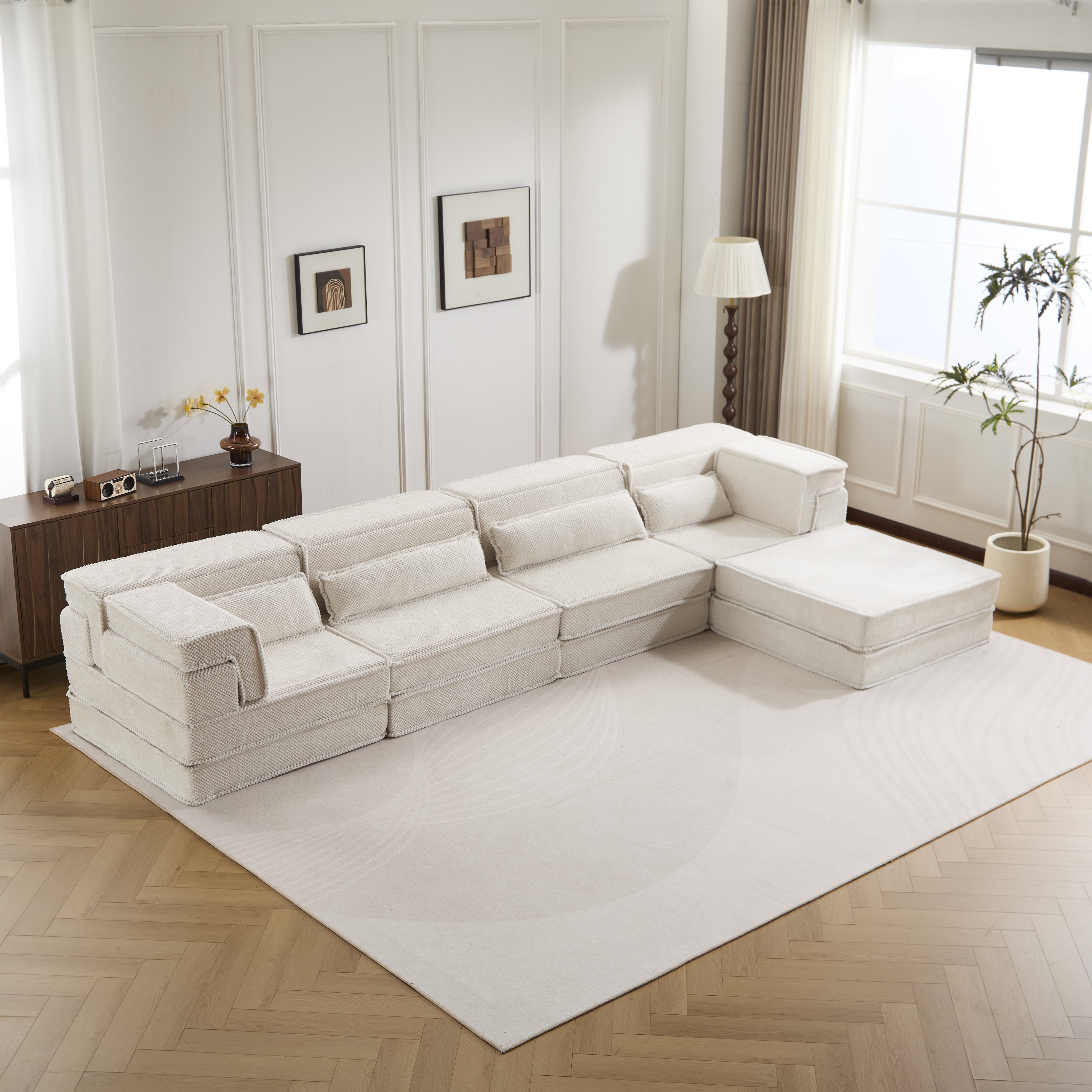 White Modular Sofa Clean Lines Fleece Fabric