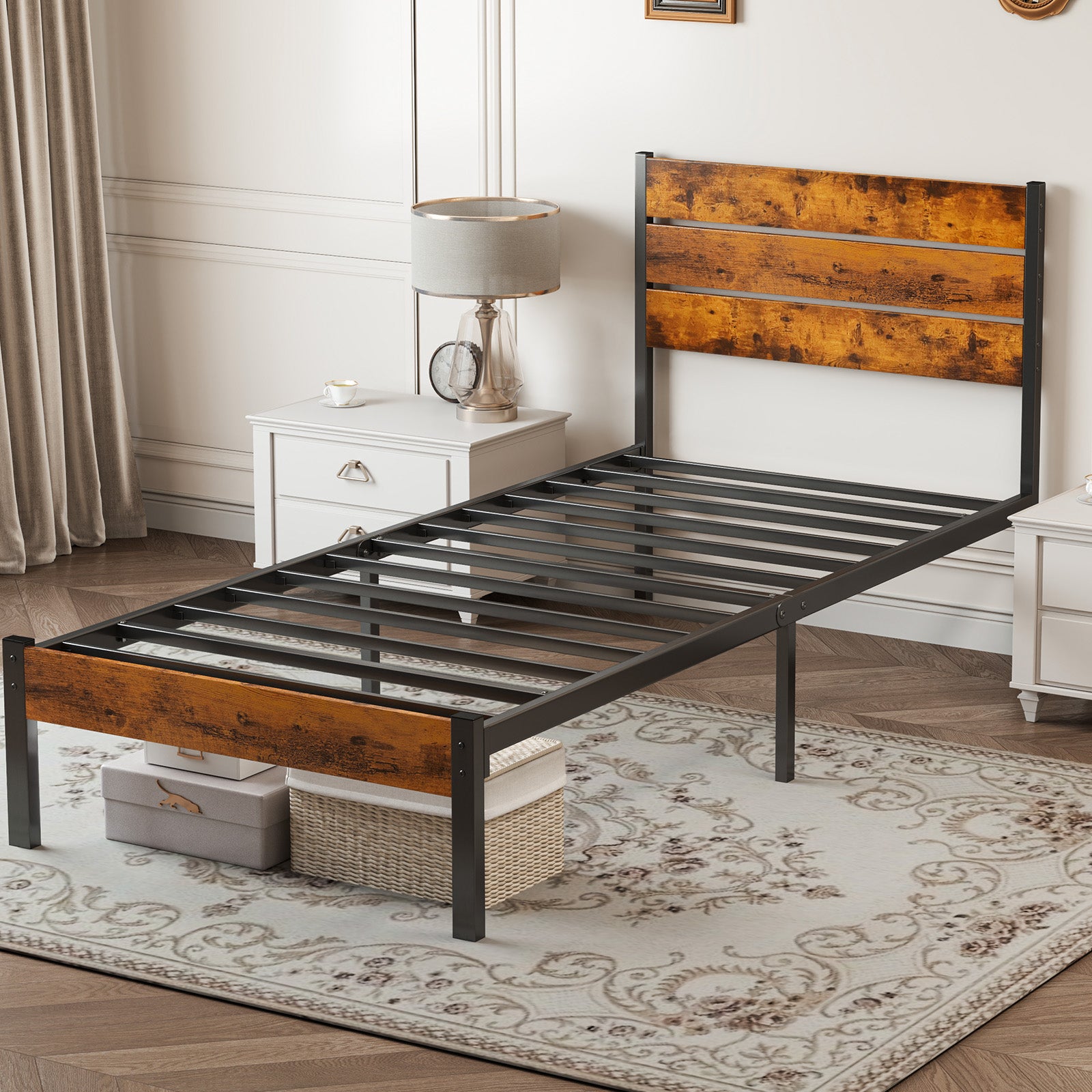 Black Metal Platform Bed Queen Under-Bed Storage