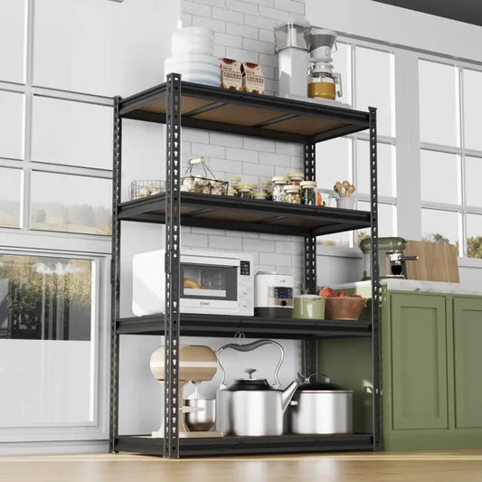 4-layer Adjustable Shelf Spacing, Gourd-shaped Perforation, Rubber Mallet With Gloves, Display Rack, Iron, 122*45*153.5cm, Black Iron, Natural Wood-colored MDF