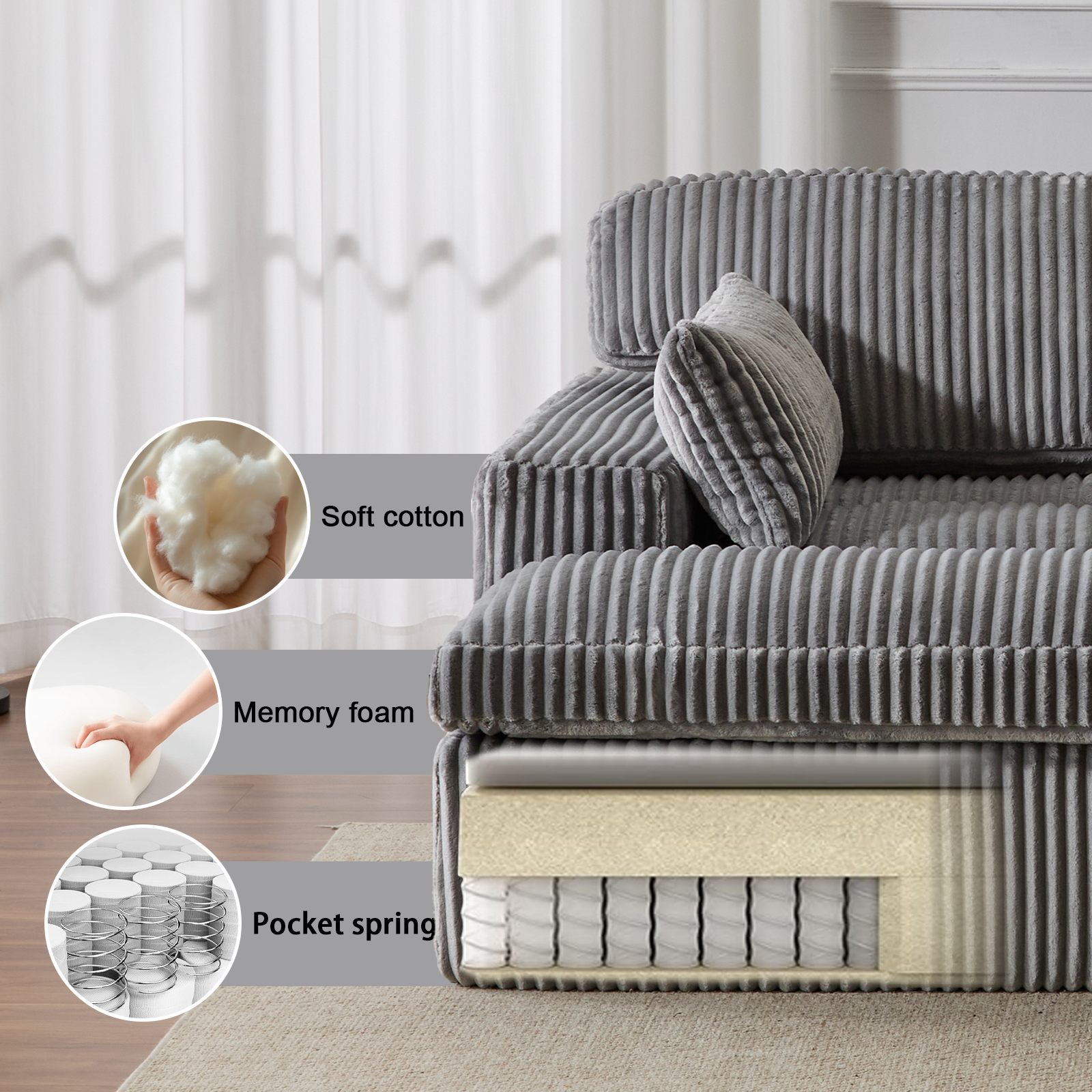 Grey Corduroy Chaise Lounge Deep Seat Assembled