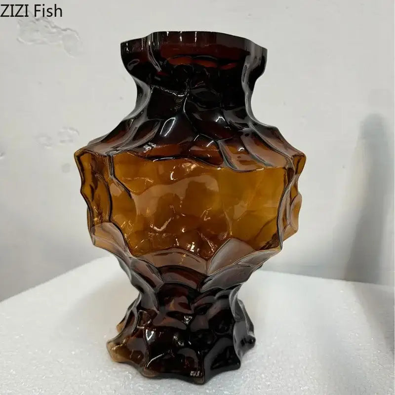 Aesthetic amber irregular glass vase with textured sculpted design and darkened base for bedroom decorbites irregular use