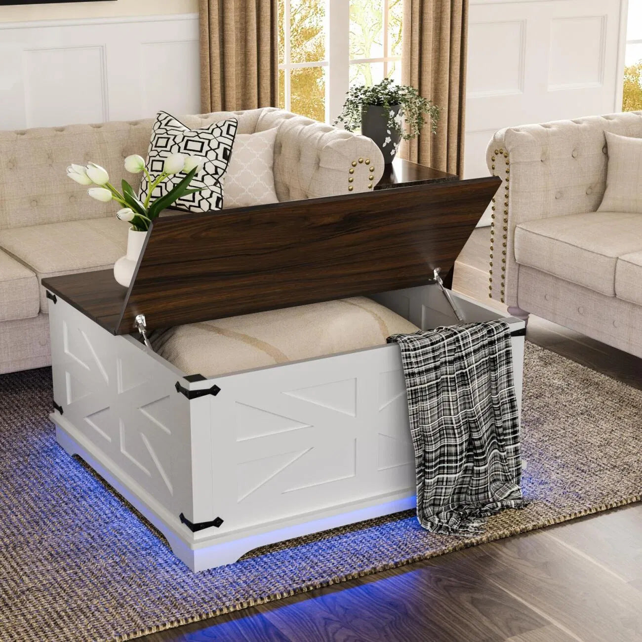 Farmhouse Coffee Table With Lift-Top, USB Charging Station & Hidden Storage - Sturdy Wooden Base