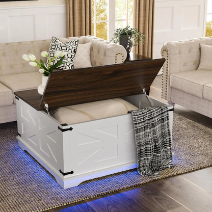 Farmhouse Coffee Table With Lift-Top, USB Charging Station & Hidden Storage - Sturdy Wooden Base