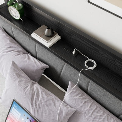 Black Metal Storage Bed Charging Station Headboard