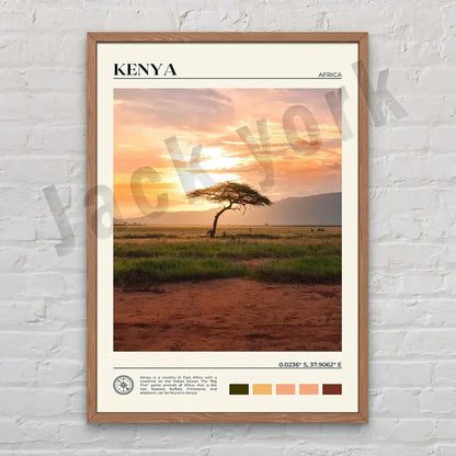 A framed kenya travel poster with sunset acacia tree and color swatches in decorbites canvas printings set of 6