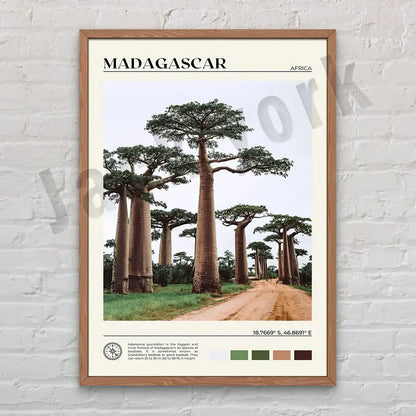 A framed decorbites canvas printing featuring madagascar baobab trees with title and coordinates in a set of 6