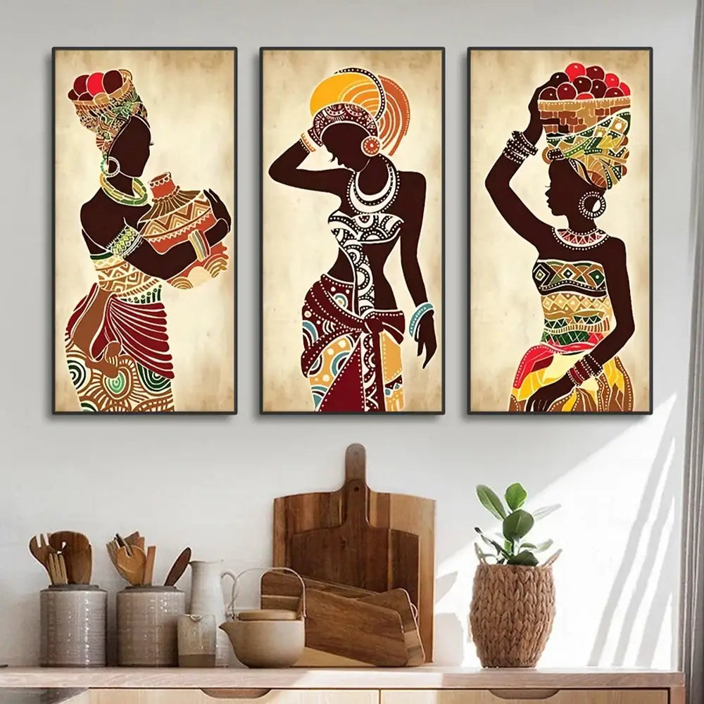 Set of three decorbites™ african black woman canvas paintings featuring vibrant geometric patterns and earthy tones