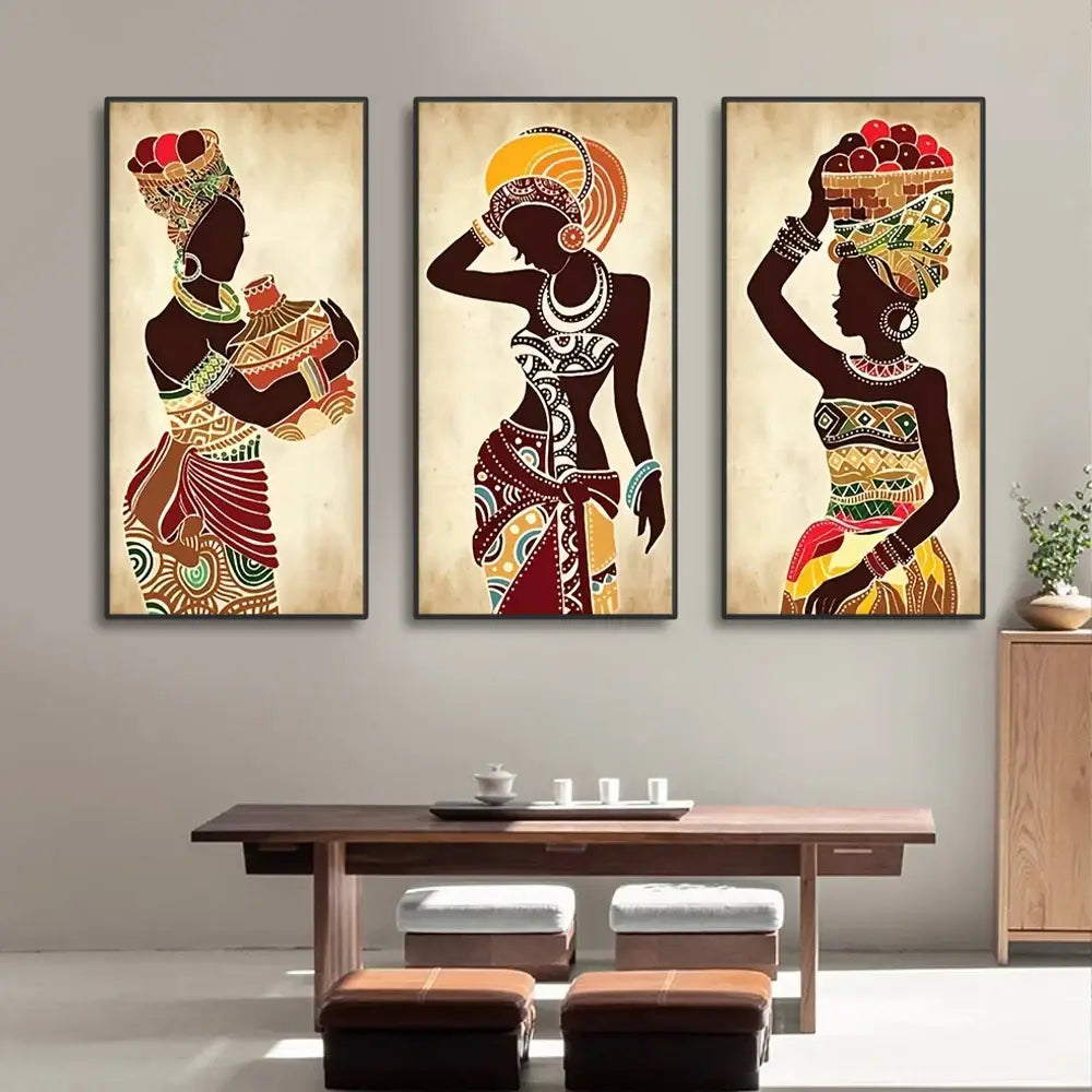 Decorbites african woman canvas wall art set featuring three vibrant african black woman canvas paintings with patterned attire