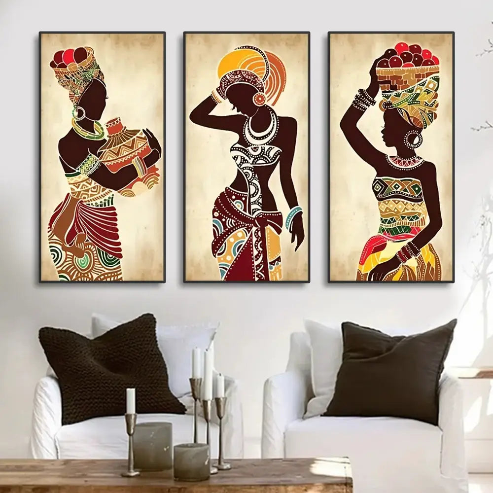 Set of three african black woman canvas paintings featuring vibrant patterns and earthy tones by DecorBites™