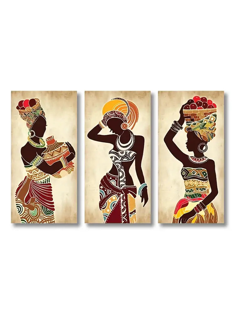 Set of three framed african woman canvas paintings featuring african black silhouettes in vibrant earthy tones