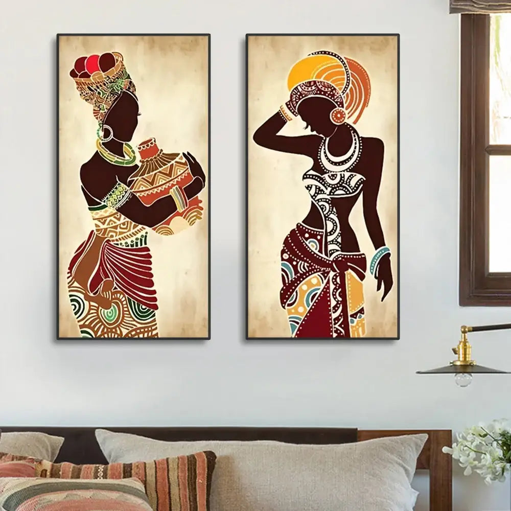 Two vibrant african black woman canvas paintings with intricate geometric tribal designs from DecorBites™ wall art set