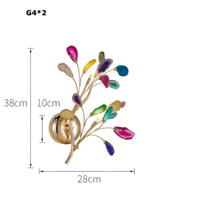 A vibrant multi-colored glass leaf wall sconce with gold metal base from decorbites agate designer led chandelier collection