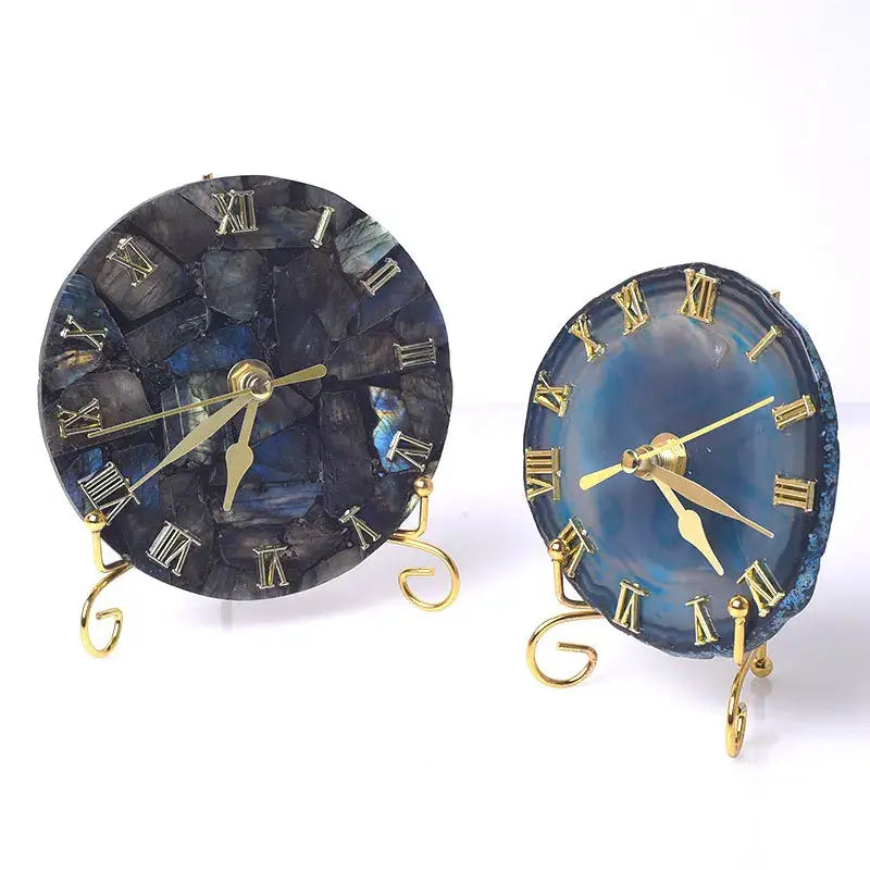 Two elegant round agate stone gold table clocks with roman numerals featuring blue slice faces for luxury decorbites decor