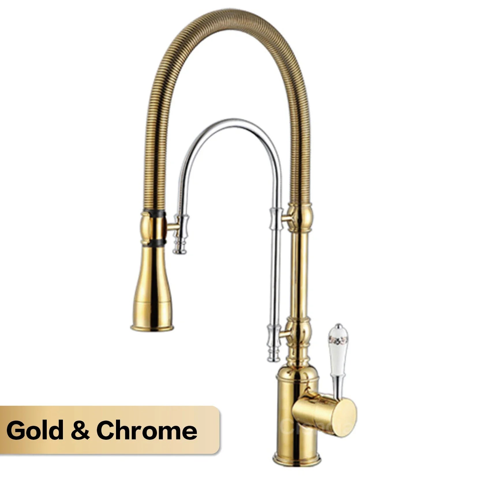Aitana luxury golden brass kitchen faucet with single handle, single hole installation, flexible ribbed gooseneck spout, and ornate base