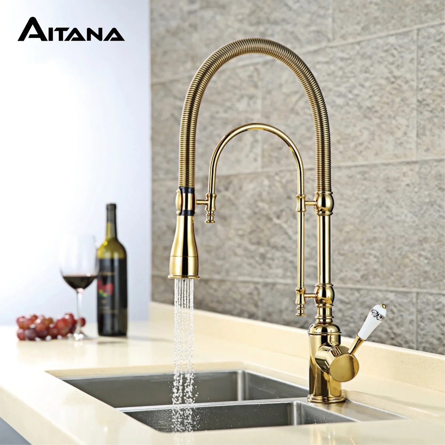 Aitana luxury golden brass kitchen faucet with single handle ceramic control and flexible ribbed gooseneck spout for single hole sinks