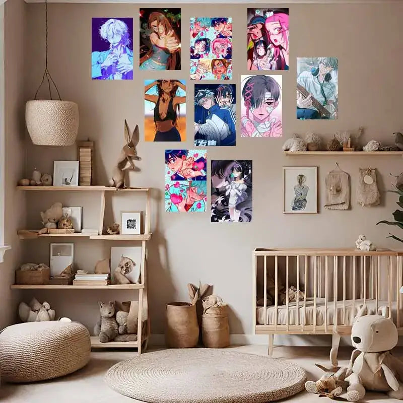 A collection of colorful anime photo cards featuring dynamic characters displayed on a beige wall in a decorbites set
