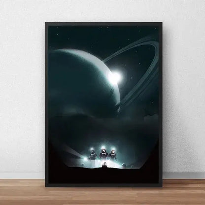 Black-framed DecorBites™ Alien movie poster canvas painting of astronauts on starry surface with glowing ringed planet