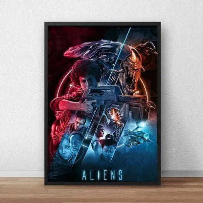 Black-framed DecorBites™ Alien movie poster canvas painting featuring a stylized illustration with red and blue lighting effects