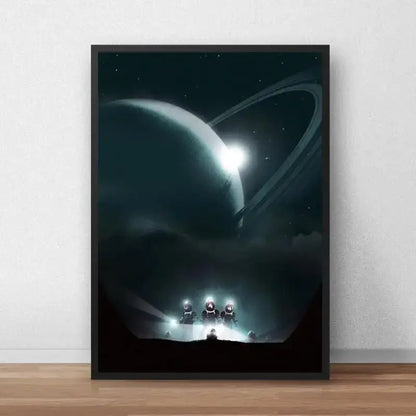 Black-framed DecorBites™ alien movie poster canvas painting featuring astronauts on a dark starry planet with glowing rings