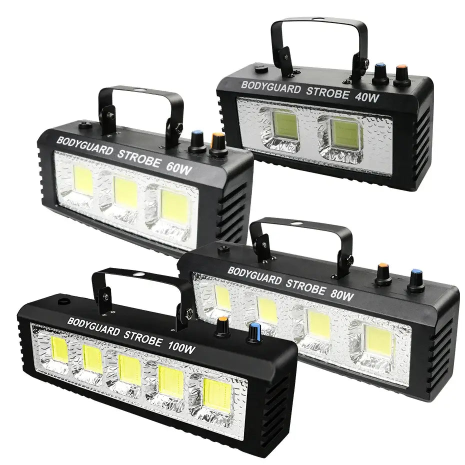 Alien white and black DecorBites led strobe lights with yellowish-white cob LEDs, handle, and wattage control knobs for party stage lighting