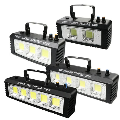 Alien white and black DecorBites led strobe lights with yellowish-white cob LEDs, handle, and wattage control knobs for party stage lighting