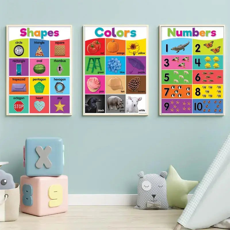 Three colorful educational posters labeled shapes colors and numbers hang on a light blue wall for decorbites alphabet educational poster