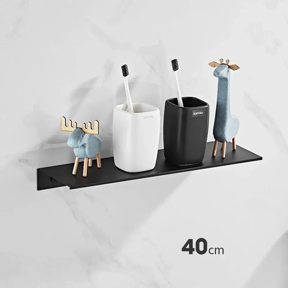DecorBites™ black aluminum floating shelves with nail free glue hold toothbrush holders and decorative figurines