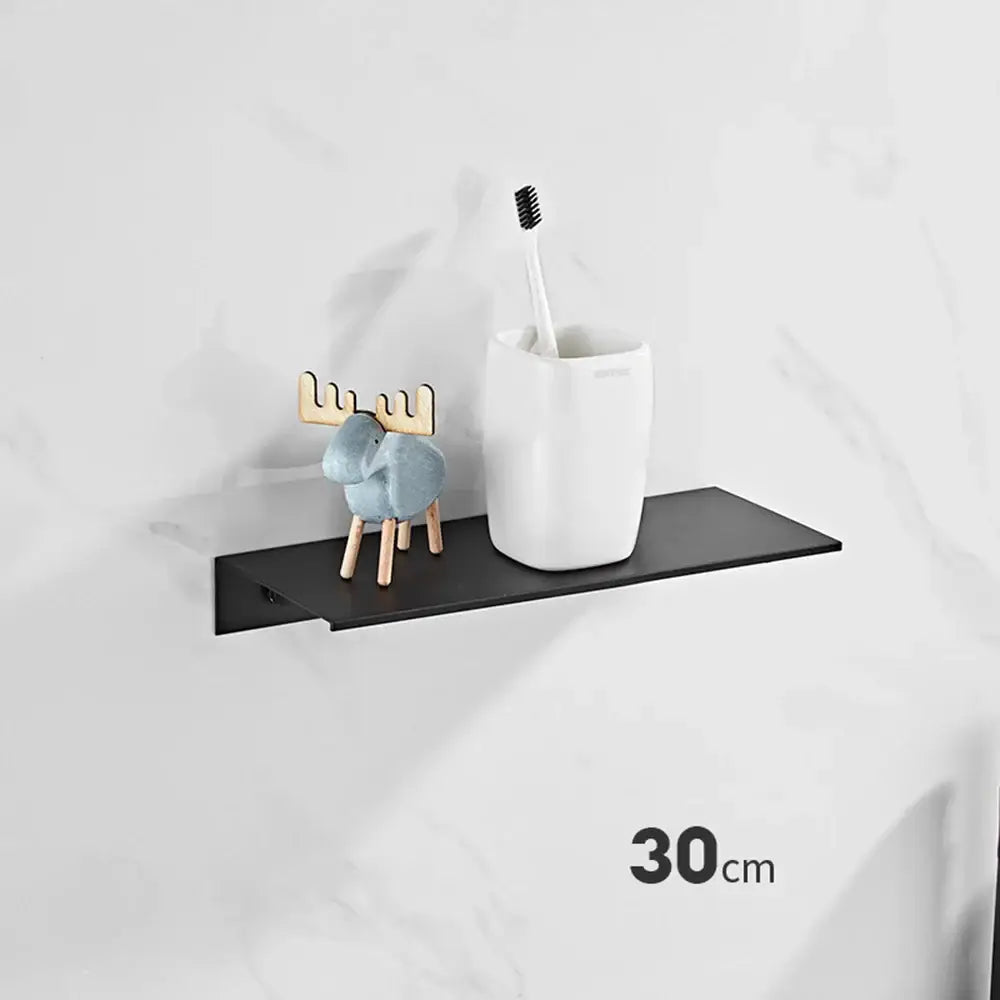 Black matte aluminum floating shelf 30cm wide from decorbites™ designed for bathroom and kitchen use with nail free glue