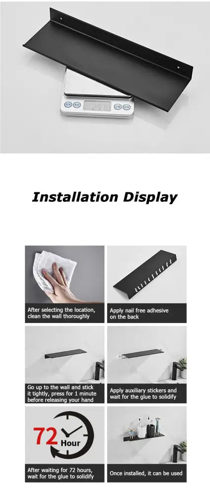 Black metal aluminum floating wall shelf with sleek minimalist design and pre-drilled mounting holes for easy installation