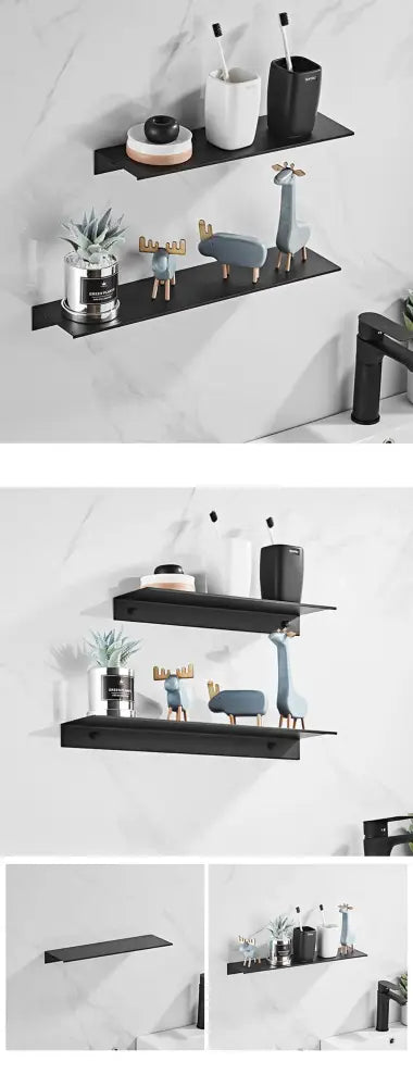 Black minimalist aluminum floating shelves by DecorBites™ with nail free glue for bathroom and kitchen use