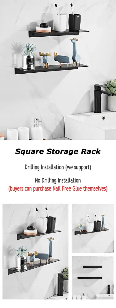 Black square storage rack with minimalist design made of sleek aluminum floating shelves for bathroom and kitchen use