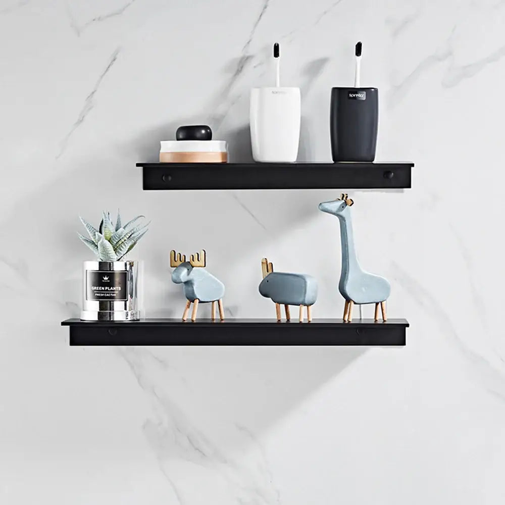 Set of three light blue ceramic animal figurines with wooden legs displayed on aluminum floating shelves for bathroom and kitchen