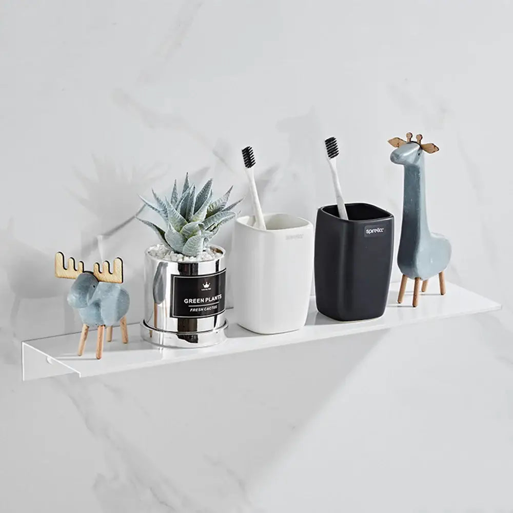 Silver metallic cylindrical planter with green succulent on DecorBites aluminum floating shelves with nail free glue