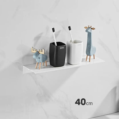 White minimalist aluminum floating shelves by decorbites for bathroom with nail free glue holding toothbrush holders and figurines