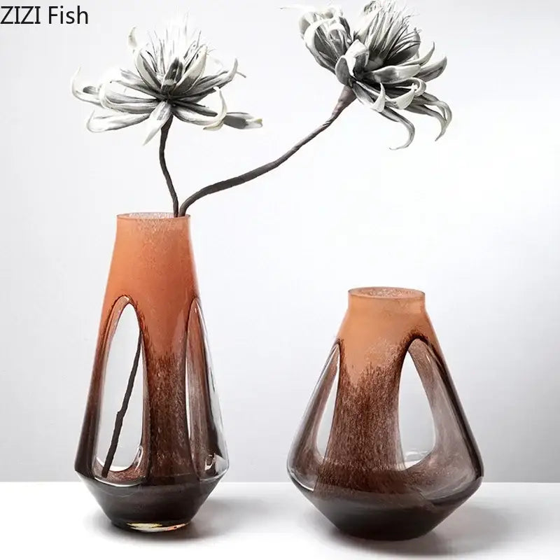 Two amber and brown dual color glass vases with geometric cutouts for living room hydroponic decor by decorbites dual color