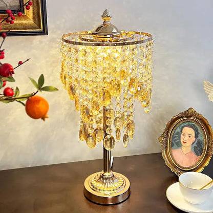 Amber and clear crystal glass table lamp with golden crystal decorbites glass beads and polished brass base for living room