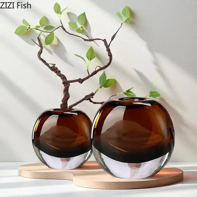 Two amber glass spherical vases with clear base featuring decorbites delicate glass for living room floral decor